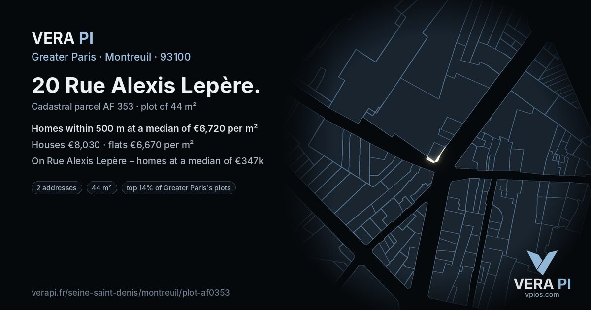 20 Rue Alexis Lepère, Montreuil at night – the plot lit, the parcels around coloured by the prices near them