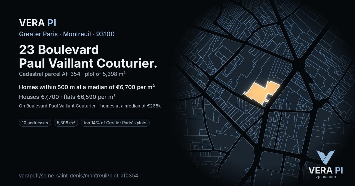 23 Boulevard Paul Vaillant Couturier, Montreuil at night – the plot lit, the parcels around coloured by the prices near them
