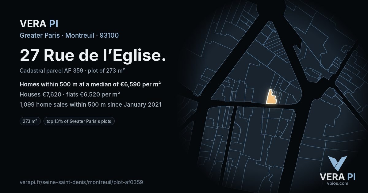 27 Rue de l’Eglise, Montreuil at night – the plot lit, the parcels around coloured by the prices near them