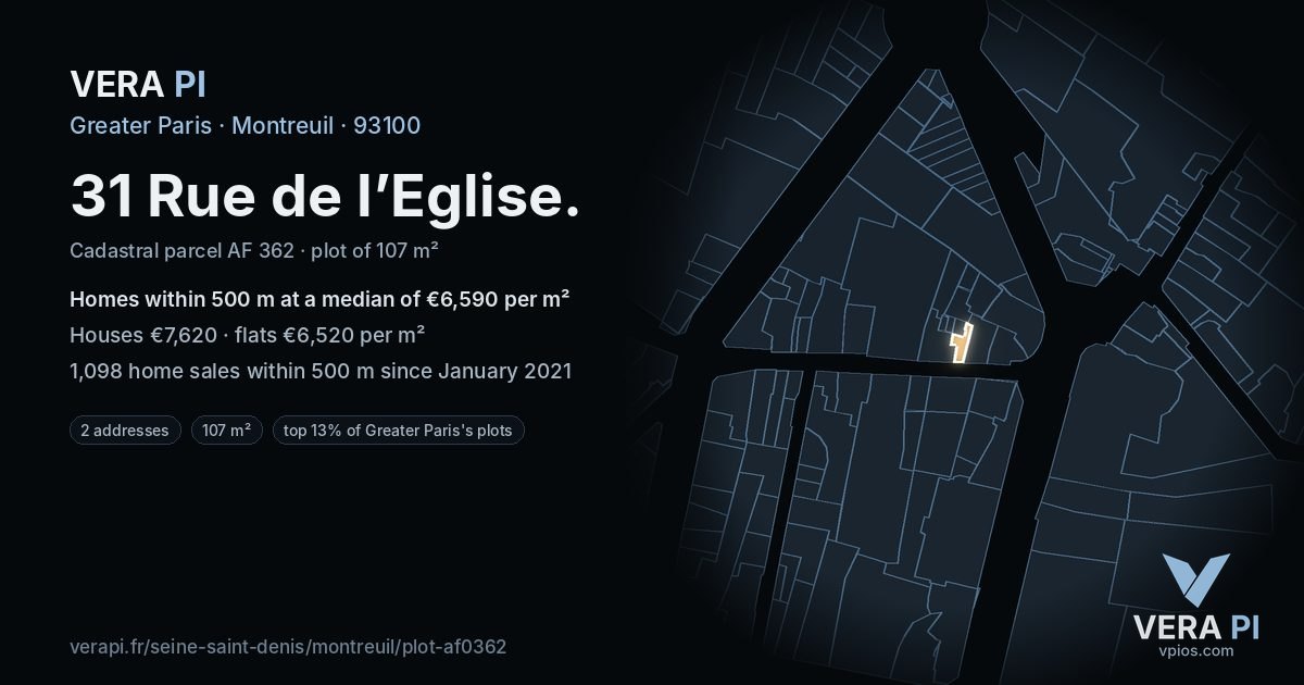 31 Rue de l’Eglise, Montreuil at night – the plot lit, the parcels around coloured by the prices near them