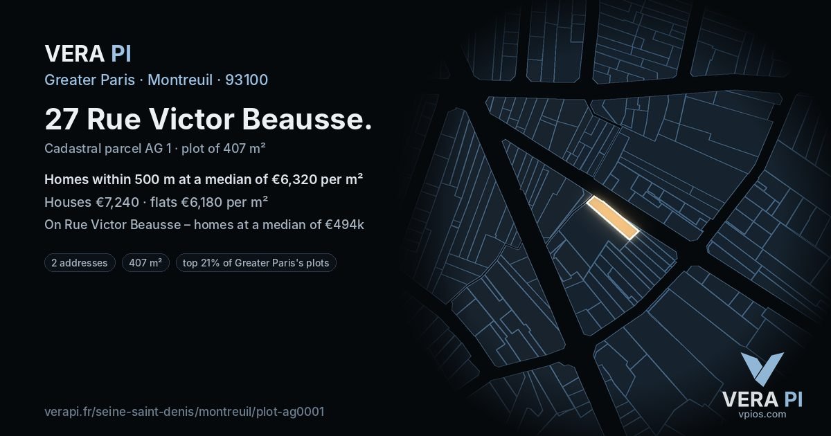 27 Rue Victor Beausse, Montreuil at night – the plot lit, the parcels around coloured by the prices near them