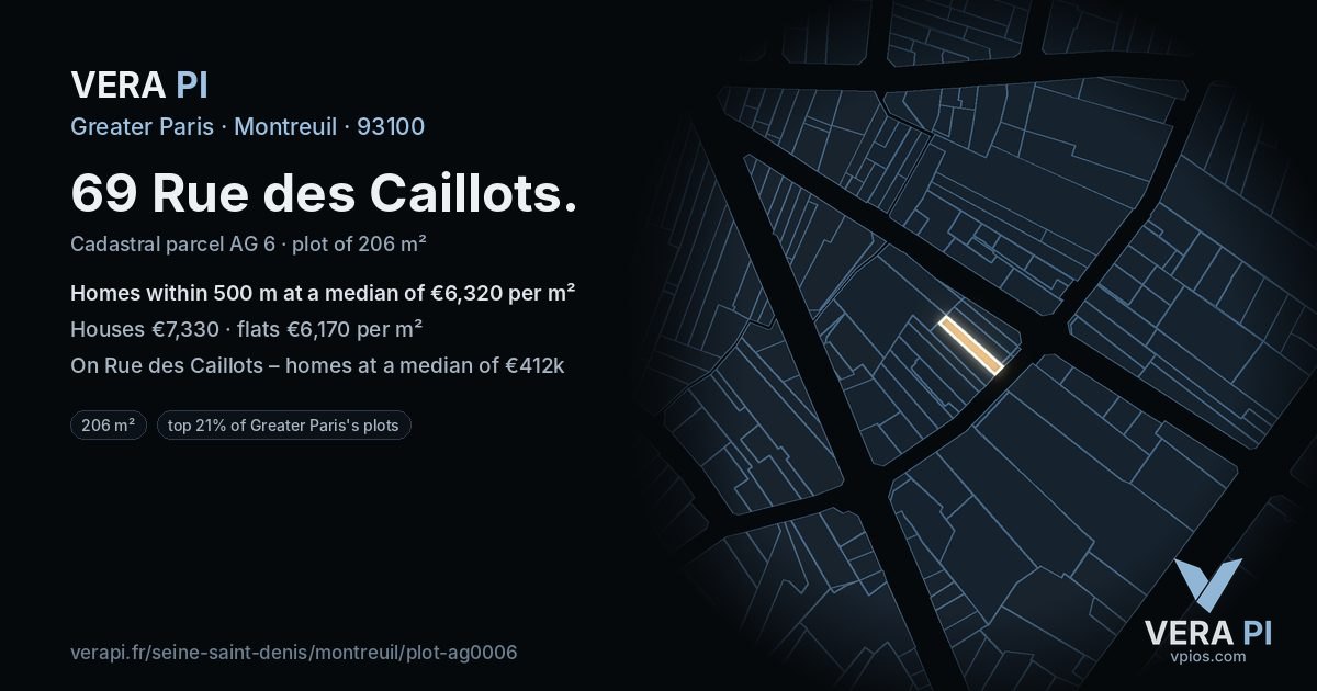 69 Rue des Caillots, Montreuil at night – the plot lit, the parcels around coloured by the prices near them