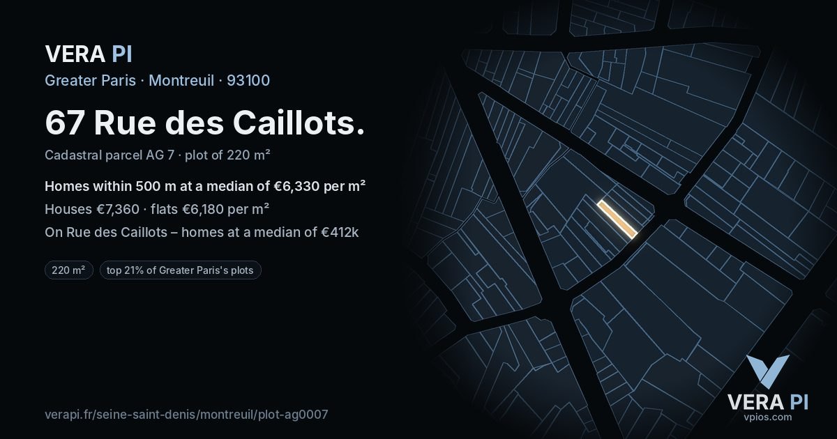 67 Rue des Caillots, Montreuil at night – the plot lit, the parcels around coloured by the prices near them