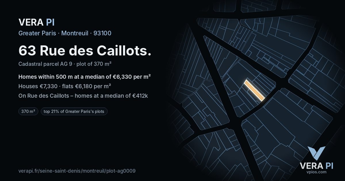 63 Rue des Caillots, Montreuil at night – the plot lit, the parcels around coloured by the prices near them