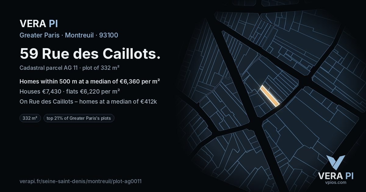59 Rue des Caillots, Montreuil at night – the plot lit, the parcels around coloured by the prices near them