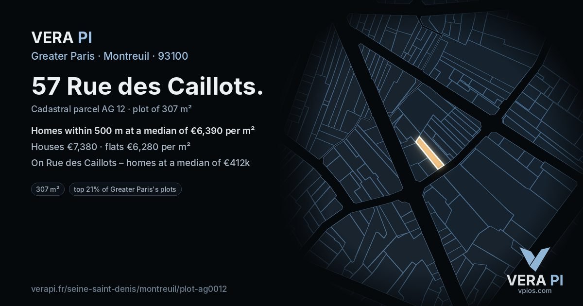 57 Rue des Caillots, Montreuil at night – the plot lit, the parcels around coloured by the prices near them