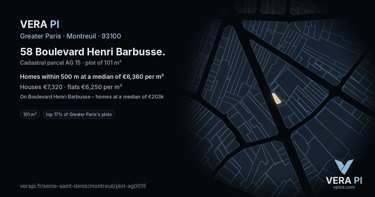 58 Boulevard Henri Barbusse, Montreuil at night – the plot lit, the parcels around coloured by the prices near them