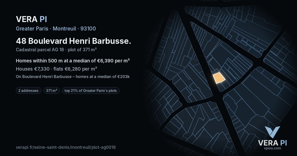 48 Boulevard Henri Barbusse, Montreuil at night – the plot lit, the parcels around coloured by the prices near them