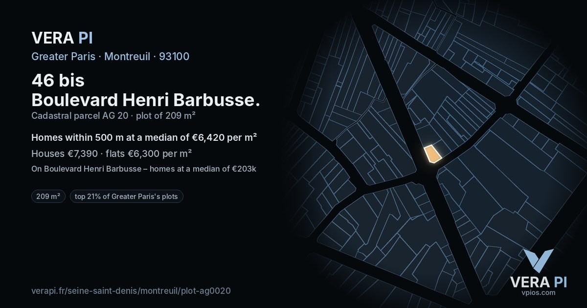46 bis Boulevard Henri Barbusse, Montreuil at night – the plot lit, the parcels around coloured by the prices near them