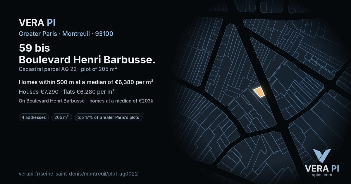59 bis Boulevard Henri Barbusse, Montreuil at night – the plot lit, the parcels around coloured by the prices near them