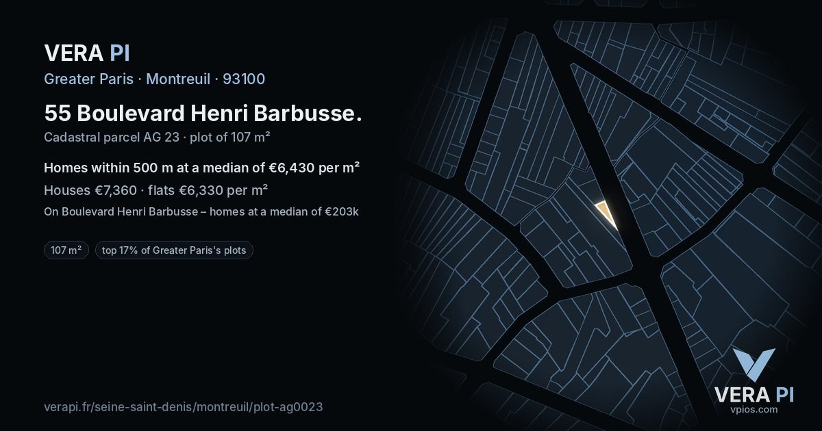 55 Boulevard Henri Barbusse, Montreuil at night – the plot lit, the parcels around coloured by the prices near them
