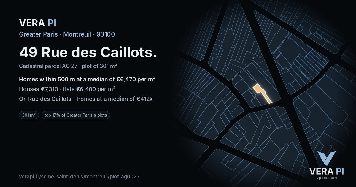49 Rue des Caillots, Montreuil at night – the plot lit, the parcels around coloured by the prices near them