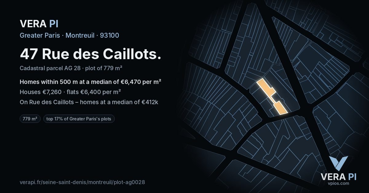 47 Rue des Caillots, Montreuil at night – the plot lit, the parcels around coloured by the prices near them