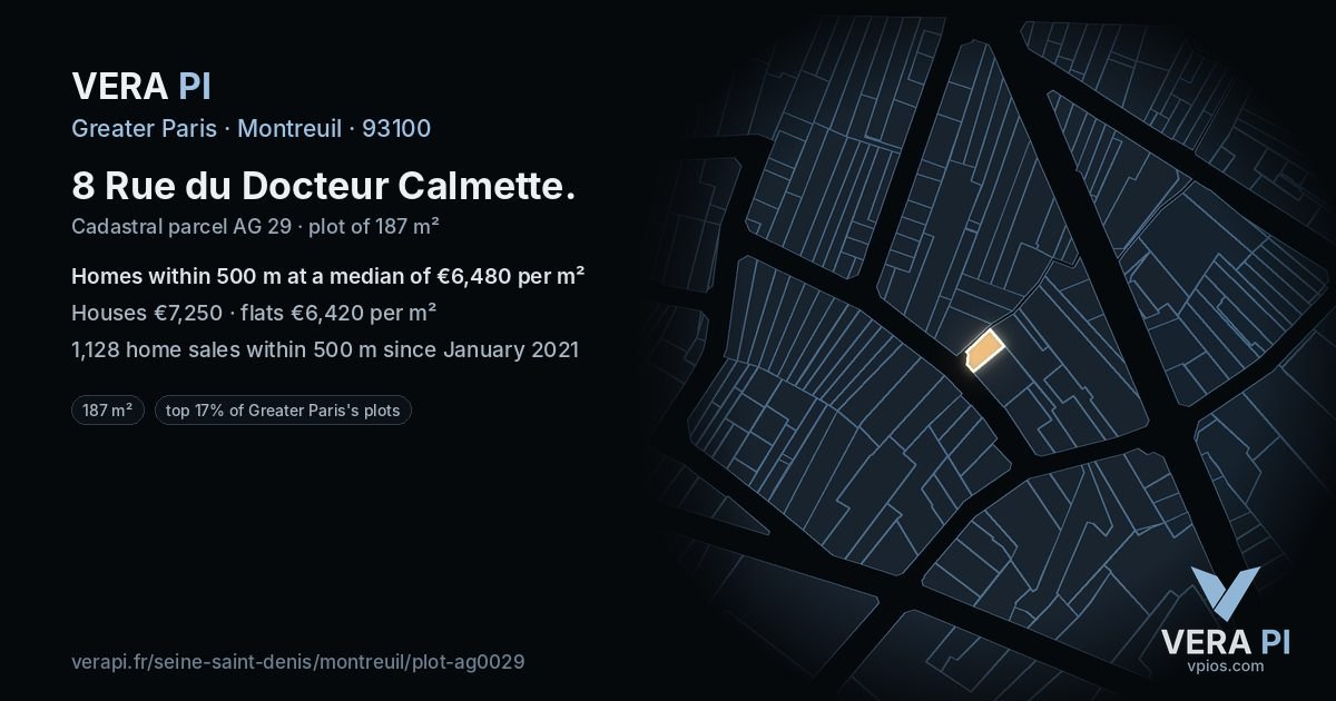 8 Rue du Docteur Calmette, Montreuil at night – the plot lit, the parcels around coloured by the prices near them