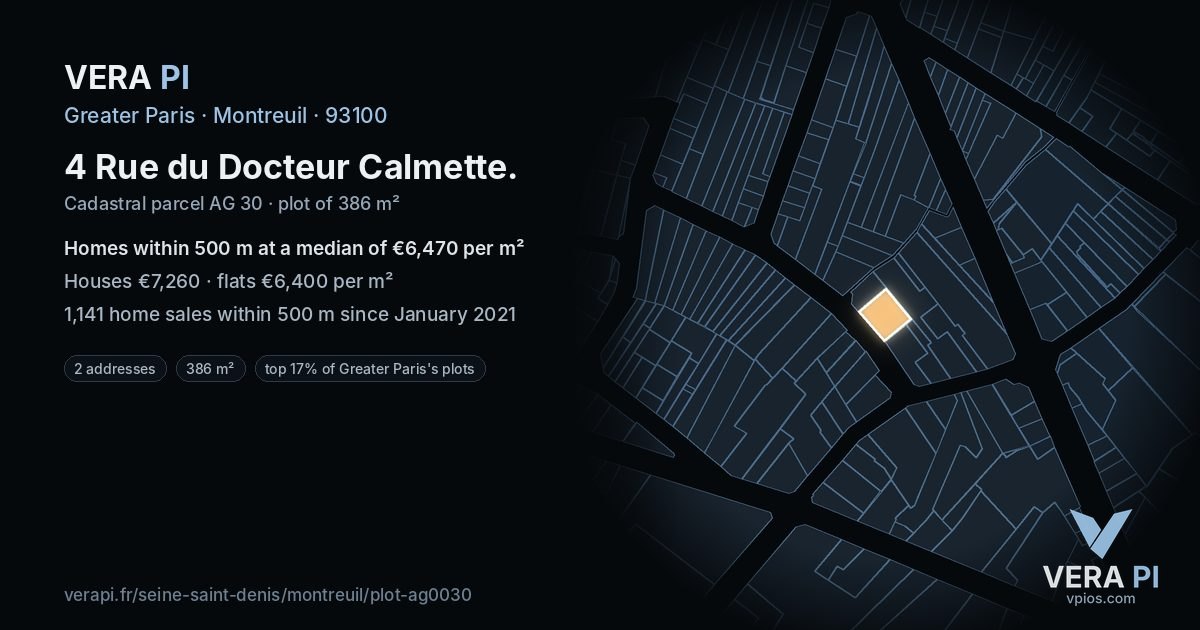 4 Rue du Docteur Calmette, Montreuil at night – the plot lit, the parcels around coloured by the prices near them