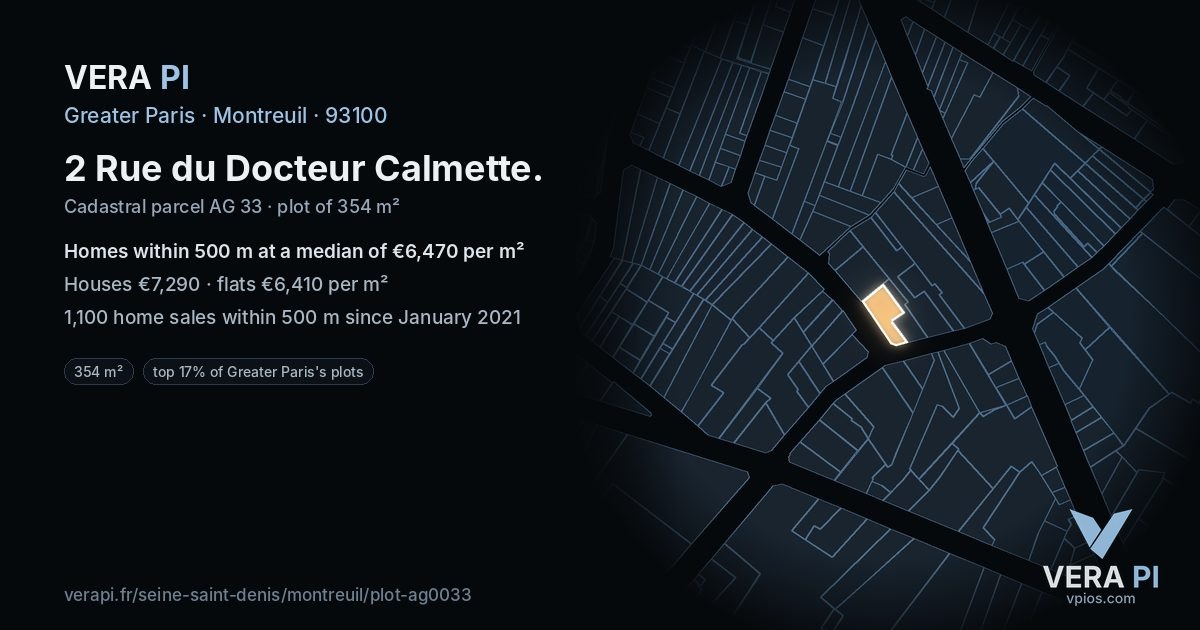 2 Rue du Docteur Calmette, Montreuil at night – the plot lit, the parcels around coloured by the prices near them
