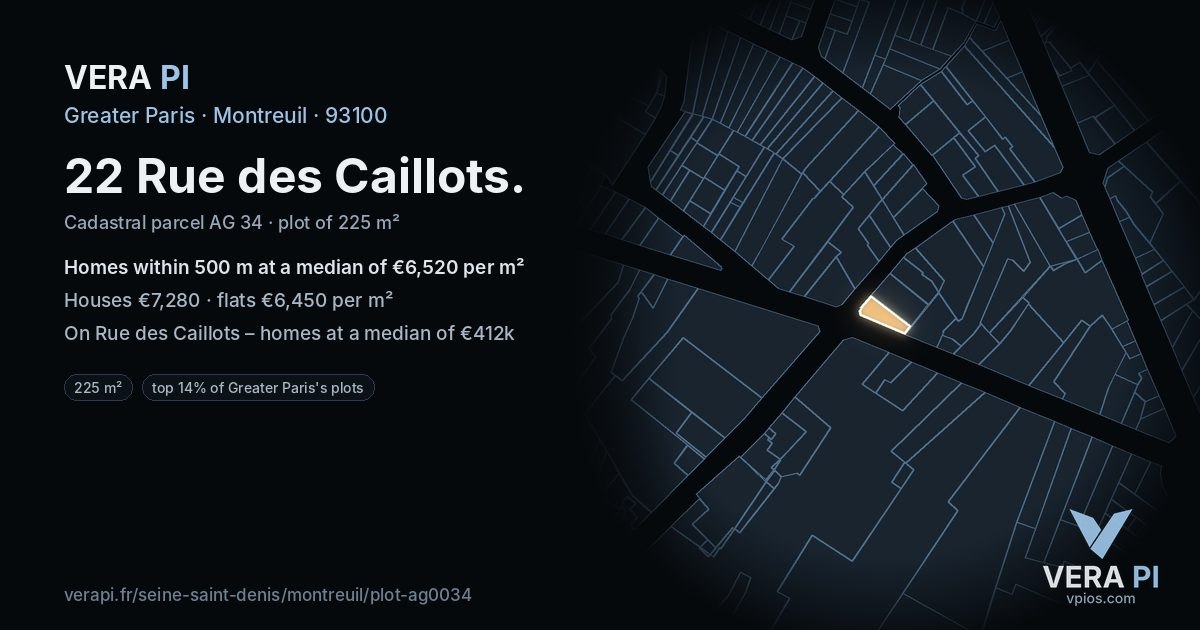 22 Rue des Caillots, Montreuil at night – the plot lit, the parcels around coloured by the prices near them