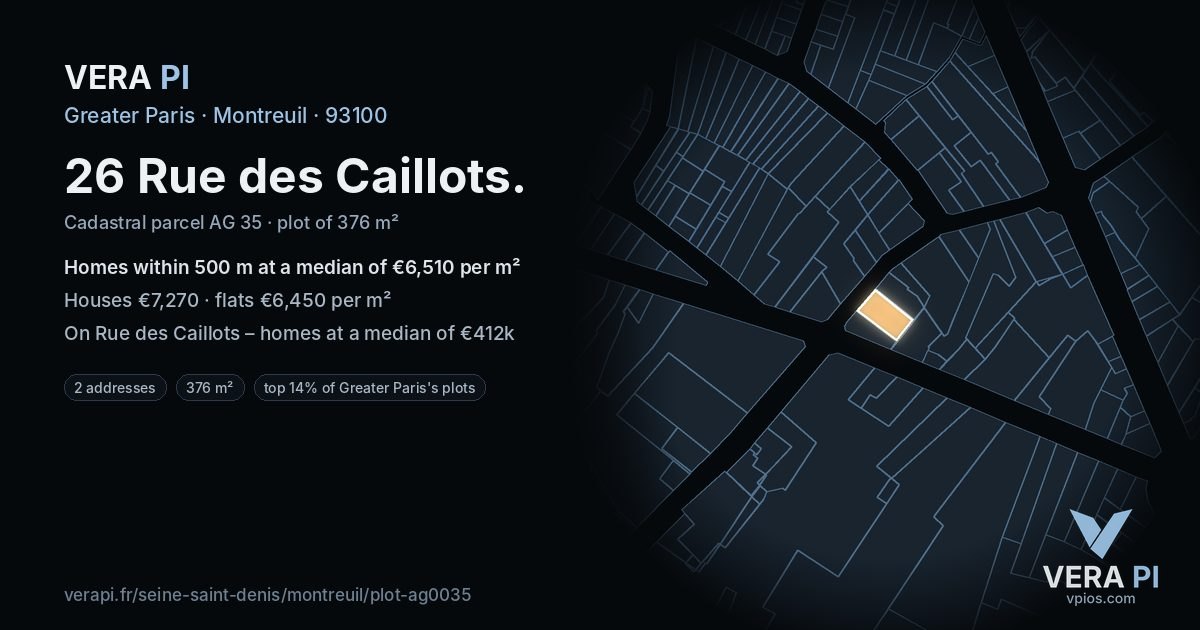 26 Rue des Caillots, Montreuil at night – the plot lit, the parcels around coloured by the prices near them