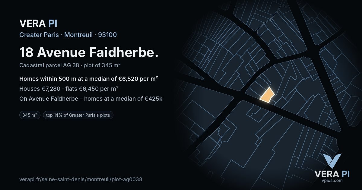 18 Avenue Faidherbe, Montreuil at night – the plot lit, the parcels around coloured by the prices near them