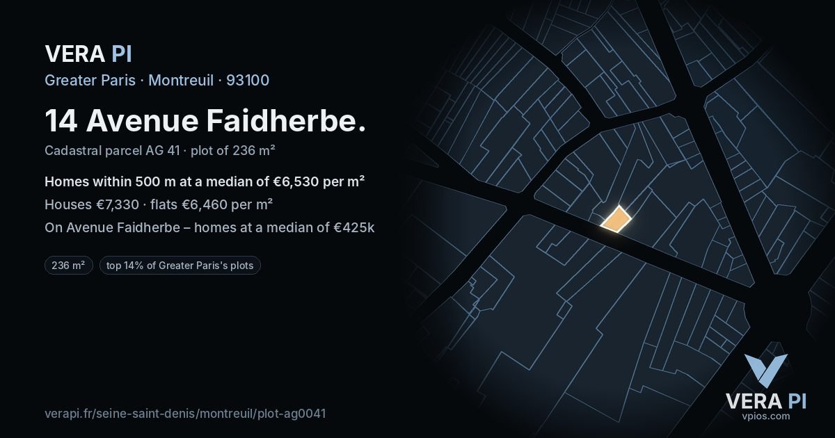 14 Avenue Faidherbe, Montreuil at night – the plot lit, the parcels around coloured by the prices near them