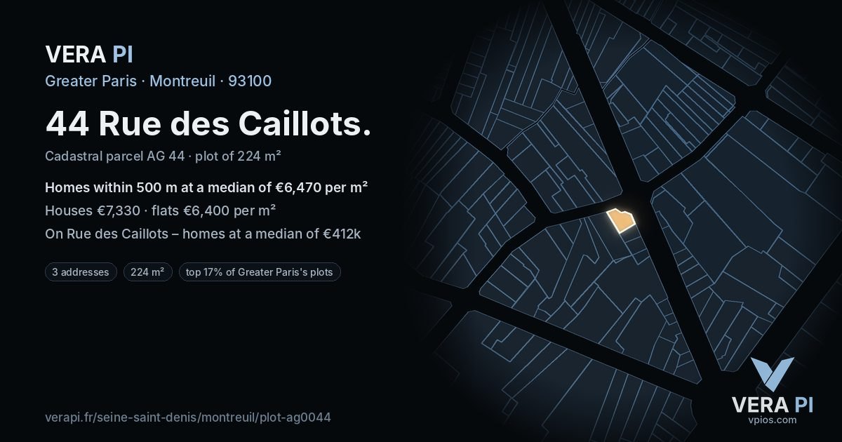 44 Rue des Caillots, Montreuil at night – the plot lit, the parcels around coloured by the prices near them