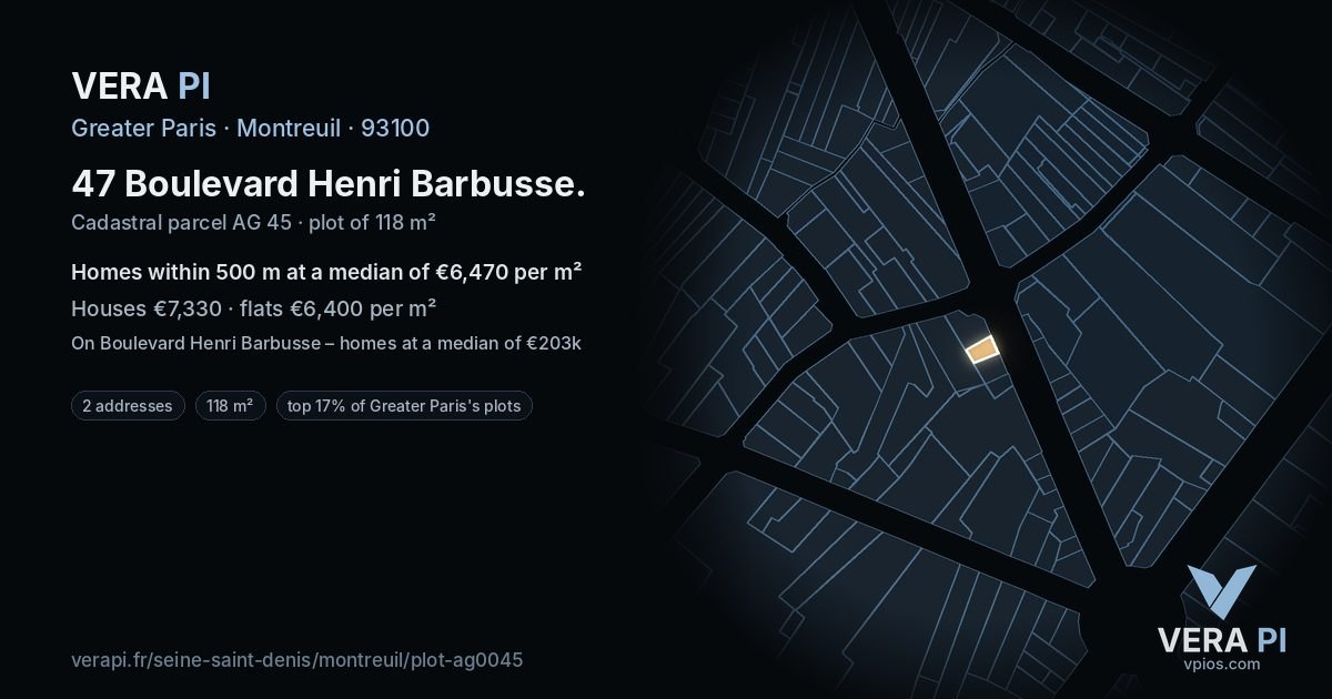 47 Boulevard Henri Barbusse, Montreuil at night – the plot lit, the parcels around coloured by the prices near them