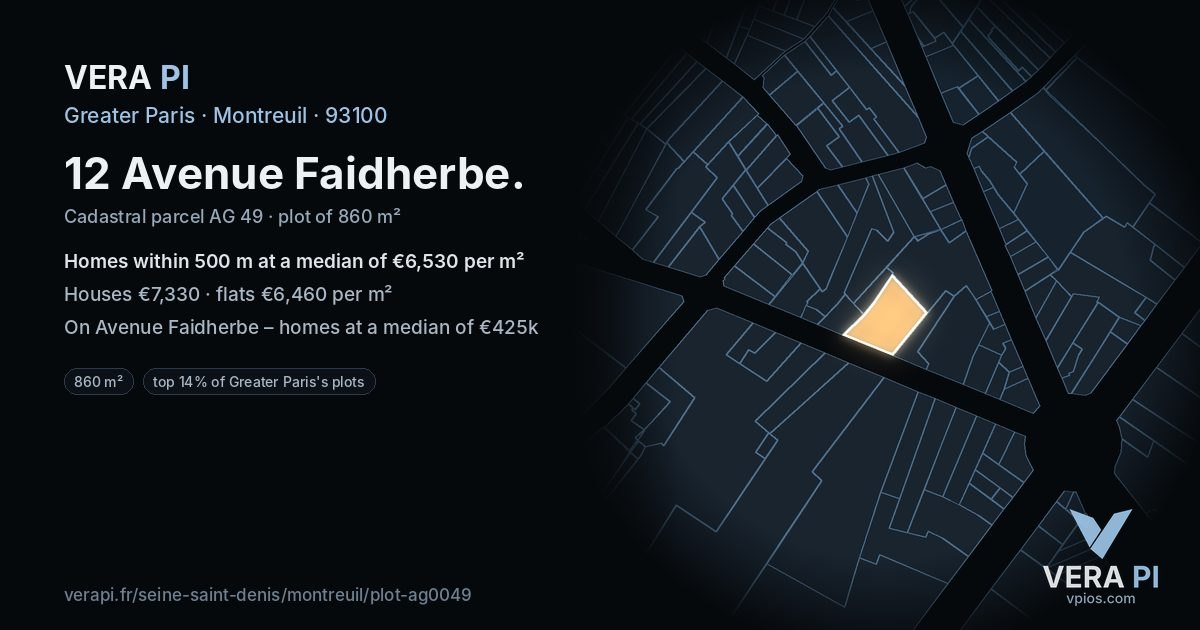 12 Avenue Faidherbe, Montreuil at night – the plot lit, the parcels around coloured by the prices near them