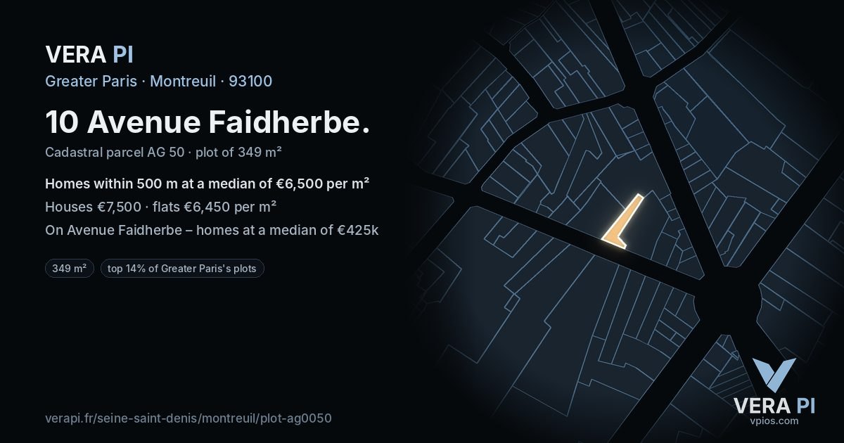 10 Avenue Faidherbe, Montreuil at night – the plot lit, the parcels around coloured by the prices near them