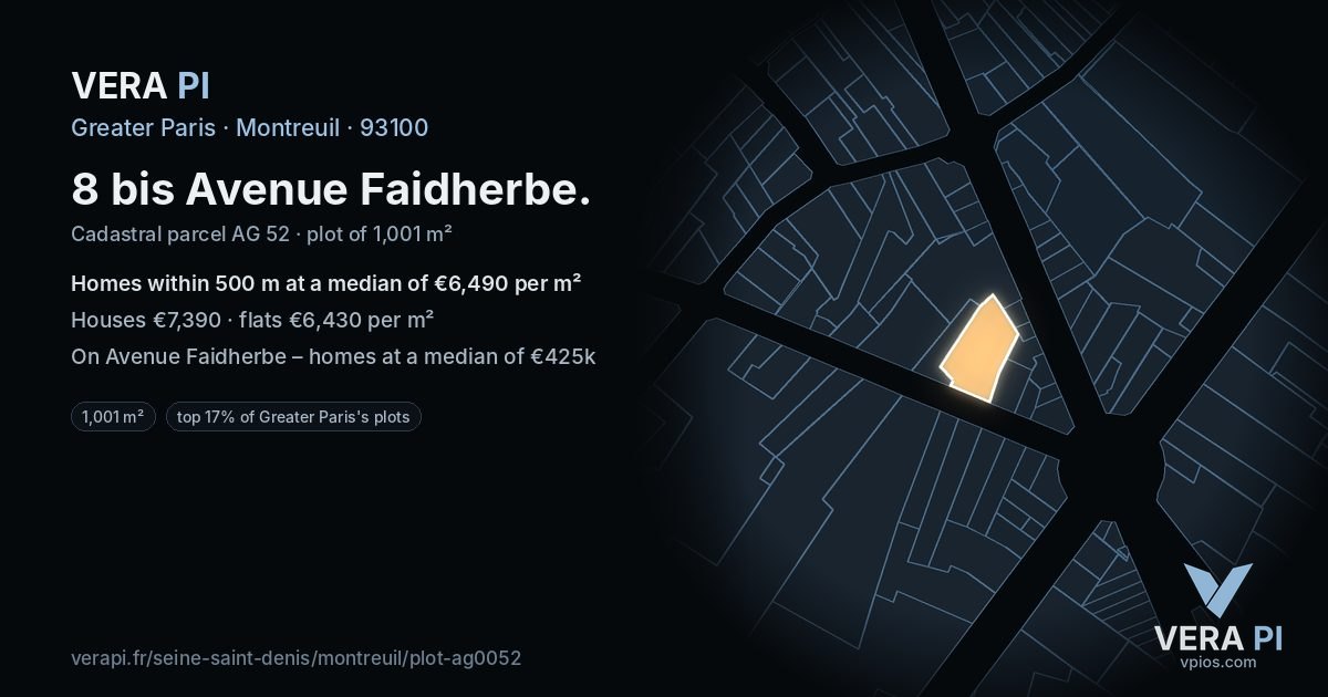 8 bis Avenue Faidherbe, Montreuil at night – the plot lit, the parcels around coloured by the prices near them