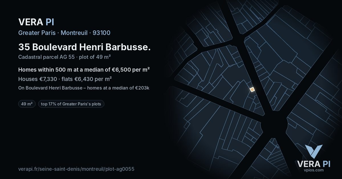 35 Boulevard Henri Barbusse, Montreuil at night – the plot lit, the parcels around coloured by the prices near them