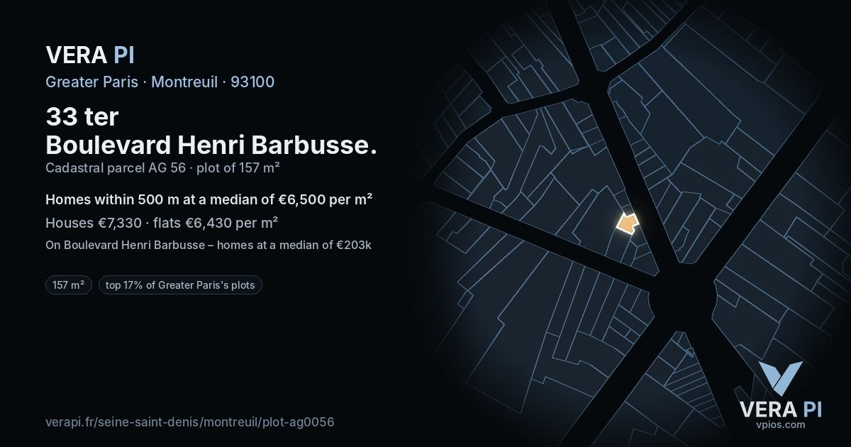 33 ter Boulevard Henri Barbusse, Montreuil at night – the plot lit, the parcels around coloured by the prices near them
