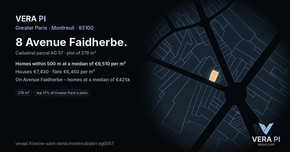 8 Avenue Faidherbe, Montreuil at night – the plot lit, the parcels around coloured by the prices near them