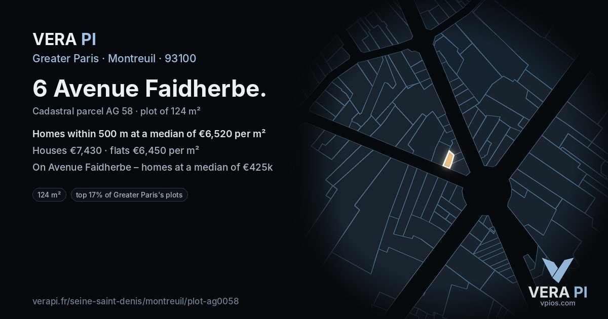 6 Avenue Faidherbe, Montreuil at night – the plot lit, the parcels around coloured by the prices near them