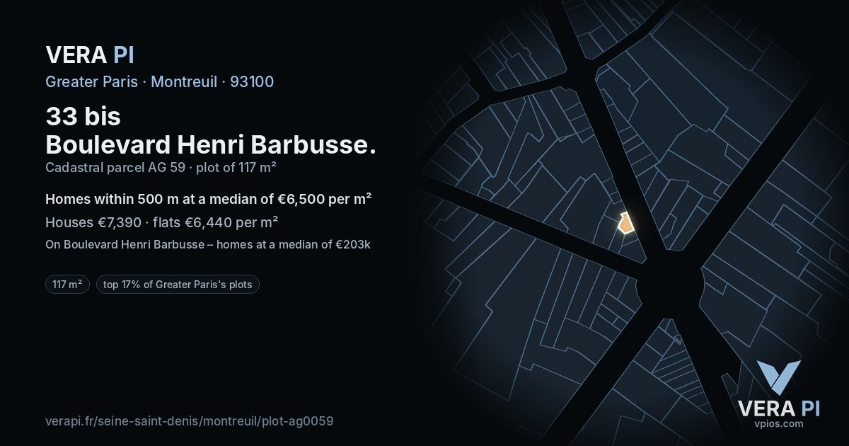 33 bis Boulevard Henri Barbusse, Montreuil at night – the plot lit, the parcels around coloured by the prices near them