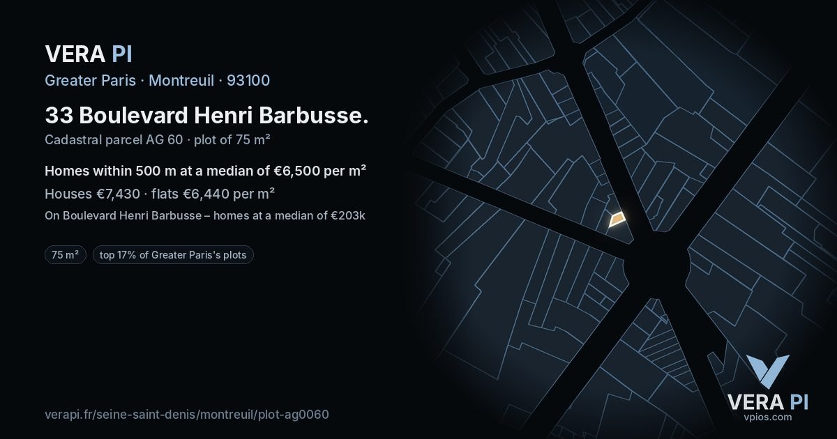 33 Boulevard Henri Barbusse, Montreuil at night – the plot lit, the parcels around coloured by the prices near them