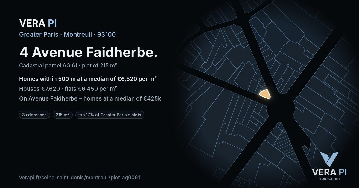4 Avenue Faidherbe, Montreuil at night – the plot lit, the parcels around coloured by the prices near them