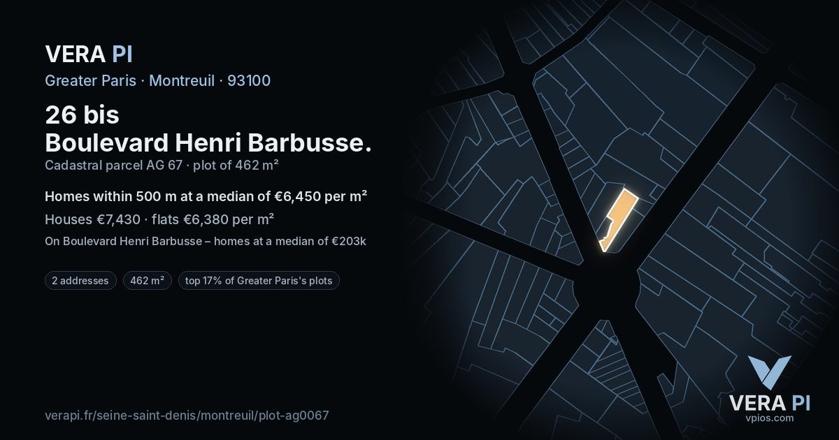26 bis Boulevard Henri Barbusse, Montreuil at night – the plot lit, the parcels around coloured by the prices near them
