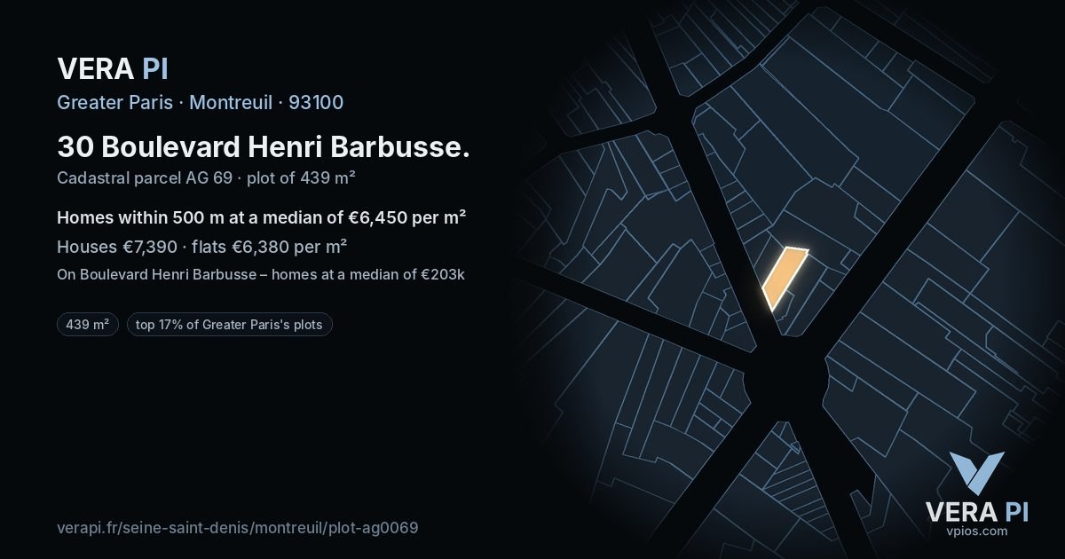 30 Boulevard Henri Barbusse, Montreuil at night – the plot lit, the parcels around coloured by the prices near them