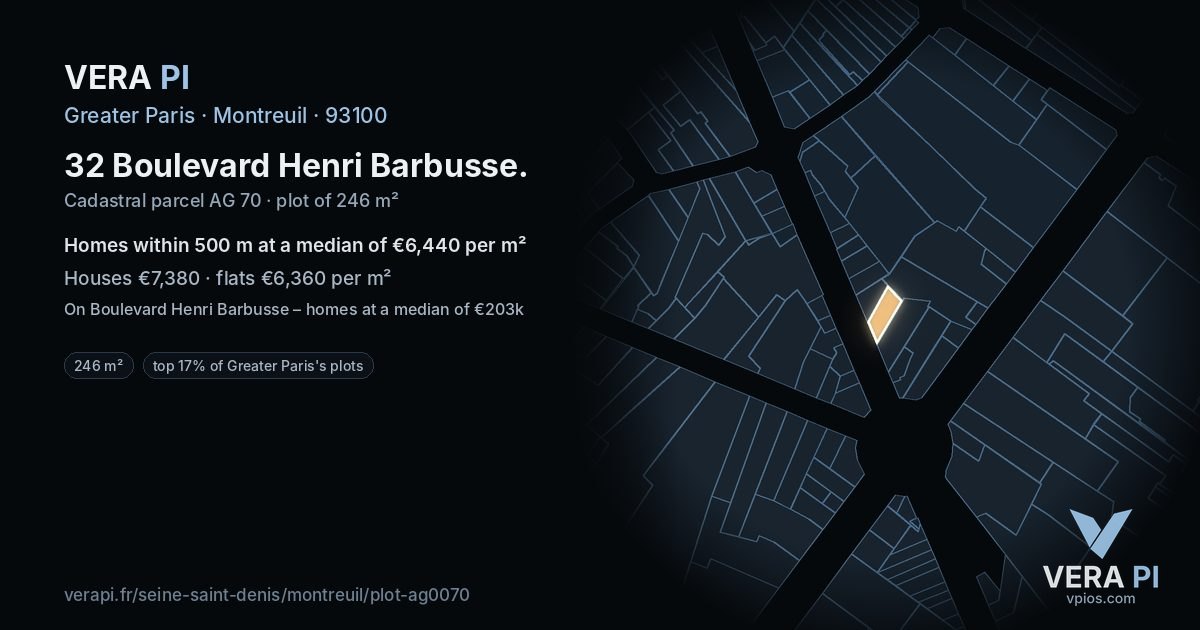 32 Boulevard Henri Barbusse, Montreuil at night – the plot lit, the parcels around coloured by the prices near them