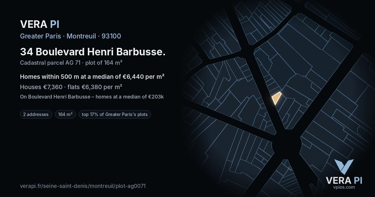 34 Boulevard Henri Barbusse, Montreuil at night – the plot lit, the parcels around coloured by the prices near them