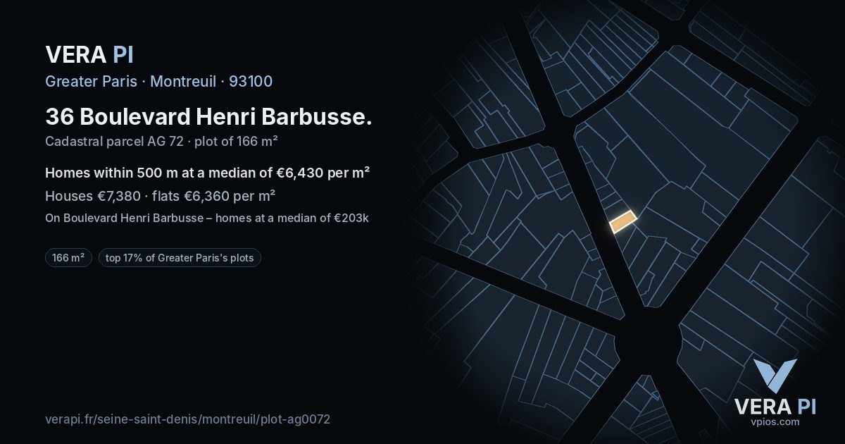 36 Boulevard Henri Barbusse, Montreuil at night – the plot lit, the parcels around coloured by the prices near them