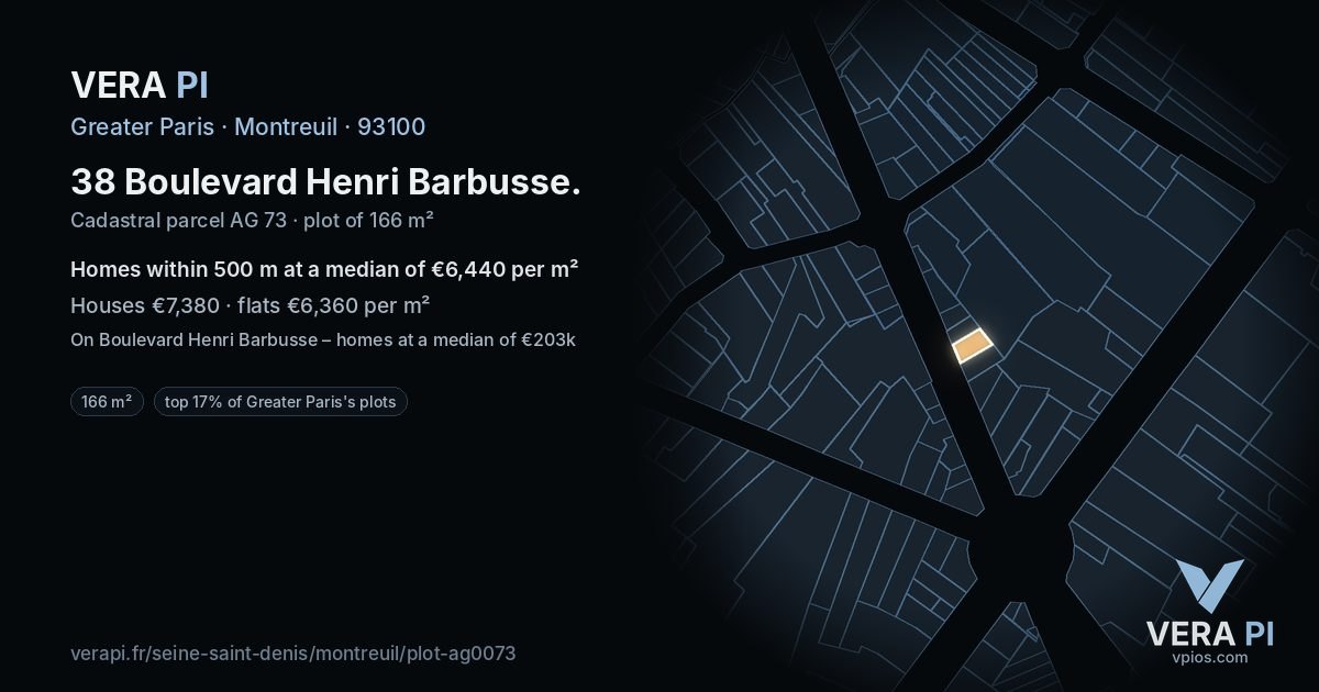38 Boulevard Henri Barbusse, Montreuil at night – the plot lit, the parcels around coloured by the prices near them