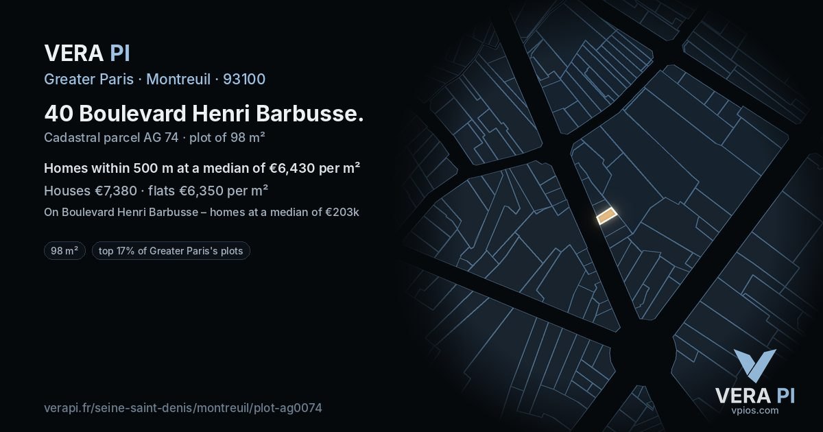 40 Boulevard Henri Barbusse, Montreuil at night – the plot lit, the parcels around coloured by the prices near them