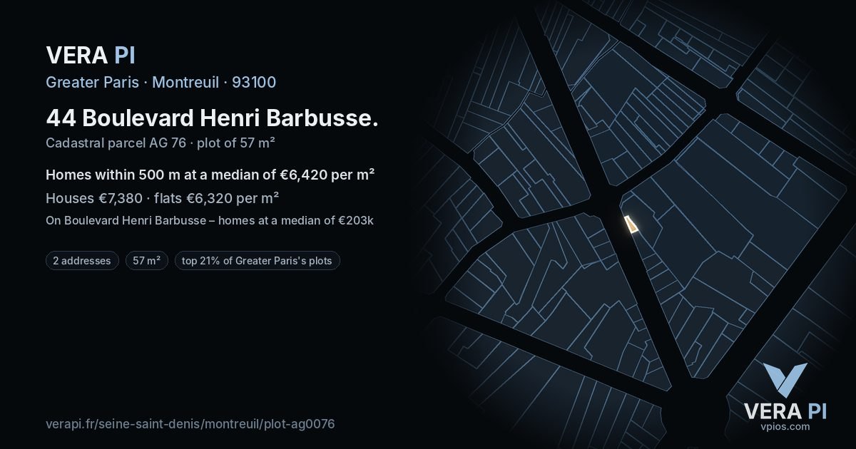 44 Boulevard Henri Barbusse, Montreuil at night – the plot lit, the parcels around coloured by the prices near them