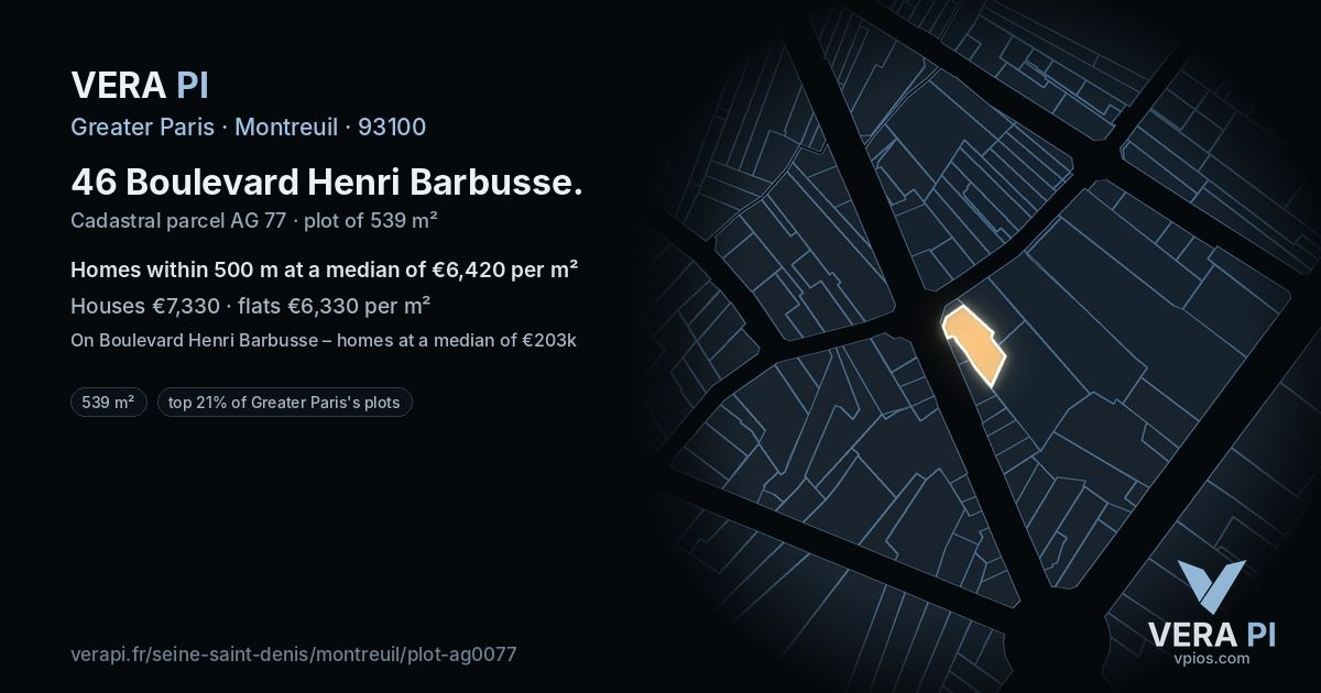 46 Boulevard Henri Barbusse, Montreuil at night – the plot lit, the parcels around coloured by the prices near them