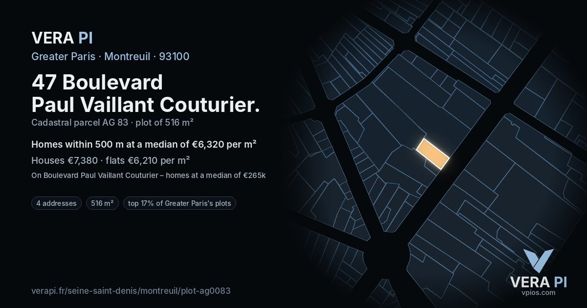 47 Boulevard Paul Vaillant Couturier, Montreuil at night – the plot lit, the parcels around coloured by the prices near them