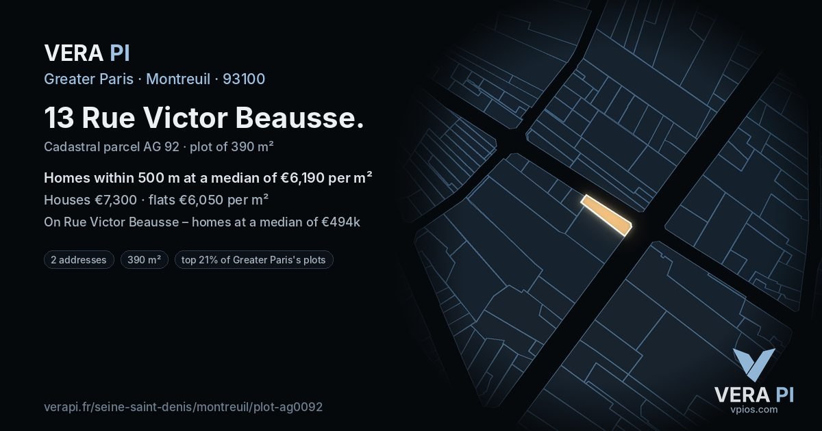 13 Rue Victor Beausse, Montreuil at night – the plot lit, the parcels around coloured by the prices near them