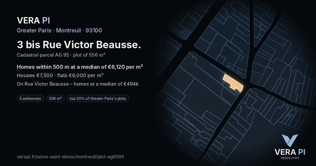 3 bis Rue Victor Beausse, Montreuil at night – the plot lit, the parcels around coloured by the prices near them