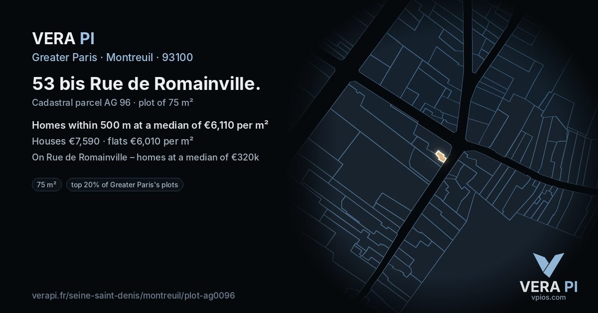 53 bis Rue de Romainville, Montreuil at night – the plot lit, the parcels around coloured by the prices near them