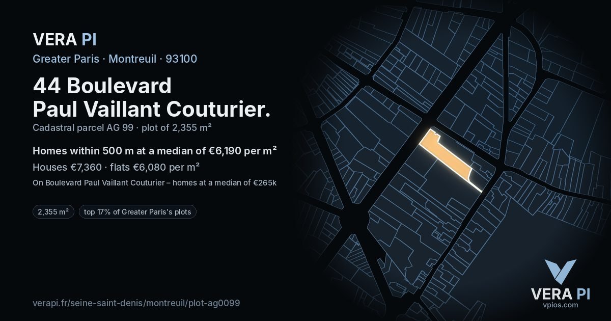 44 Boulevard Paul Vaillant Couturier, Montreuil at night – the plot lit, the parcels around coloured by the prices near them